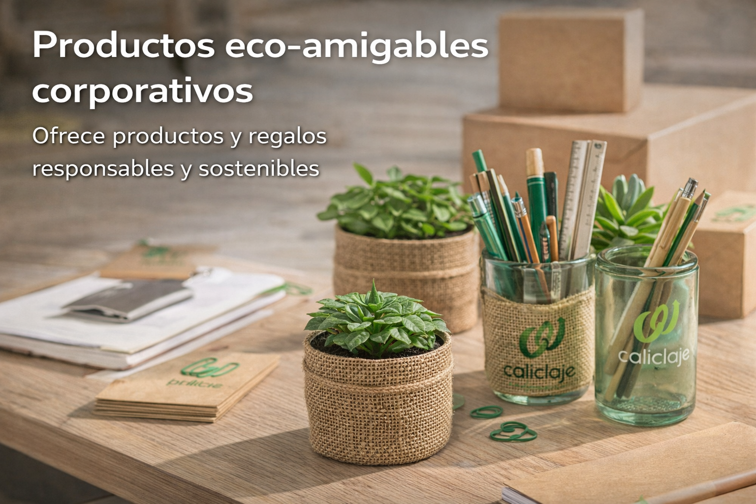 Productos eco-amigables corporativos (materas, portalápices y vasos de vidrio reciclado)